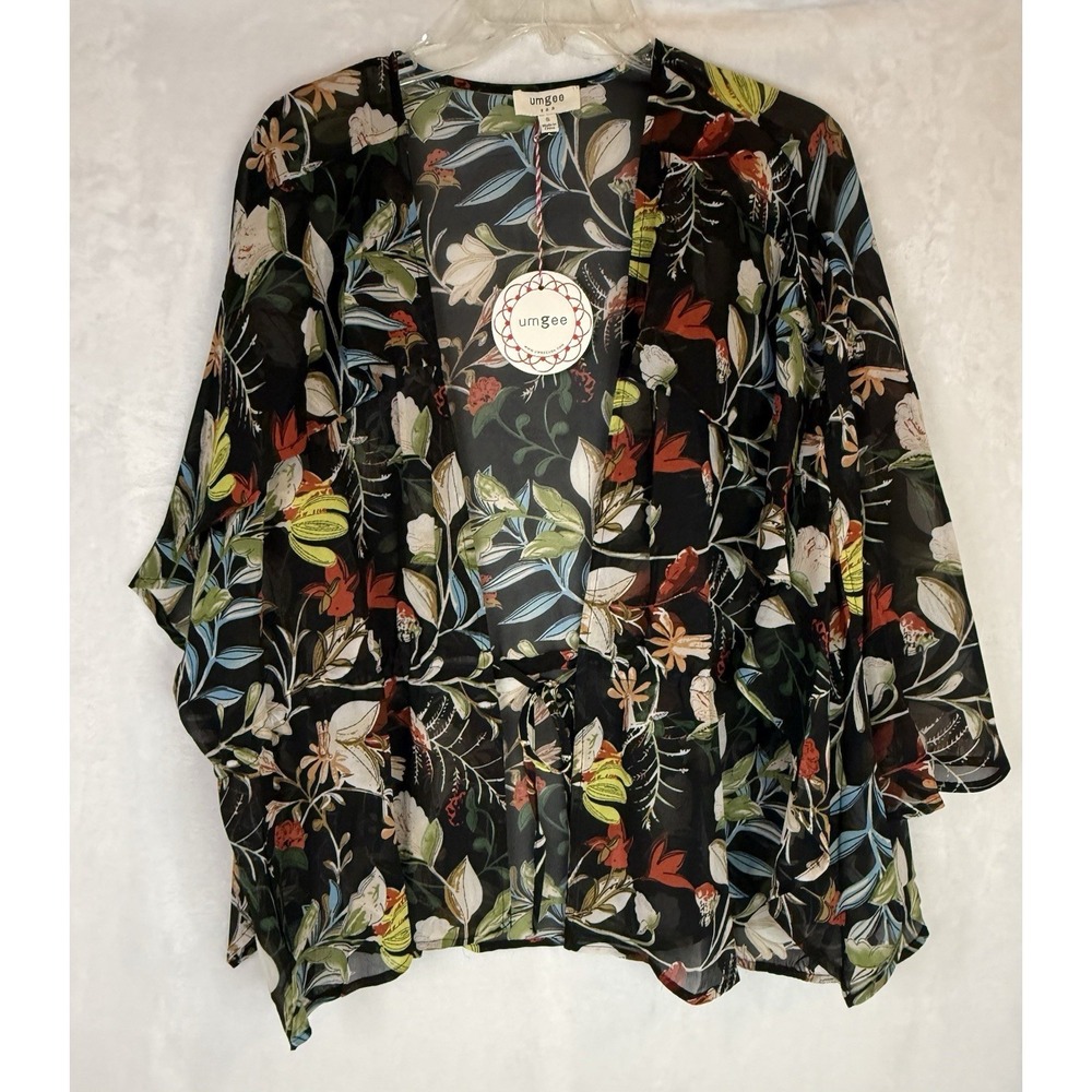 Umgee Floral Kimono Cardigan Small Black Sheer Drawstring Boho Lightweight NWT